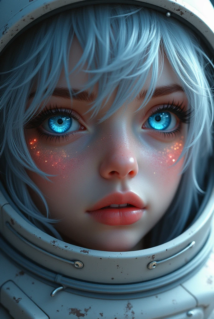 (Get a closer look at more masterpieces:1.5)0.9], (Space and astronauts:1.2) (Messy silver hair:1.1) (Heterochromia xanthochromia and blue eyes:1.2) (Space Helmet:1.0) (Colored stars in the eyes:1.0) (shining:1.1) (thick lips:0.9)