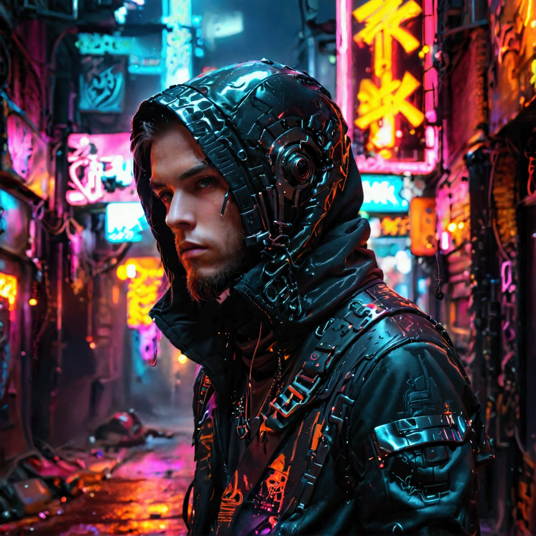 A photo shoot of a guy wearing a futuristic black hoodie with high neck cover, gargo military pockets and straps, unique urban black hoodie with futuristic military look. The photo shoot take place on a cyberpunk alley with dark atmosphere and futuristic neon signs. Photography, Photorealistic, realism, extreme detail, high quality graphics, ultra realistic, hyperrealism, high resolution, extreme quality, masterpiece, 4k hdr