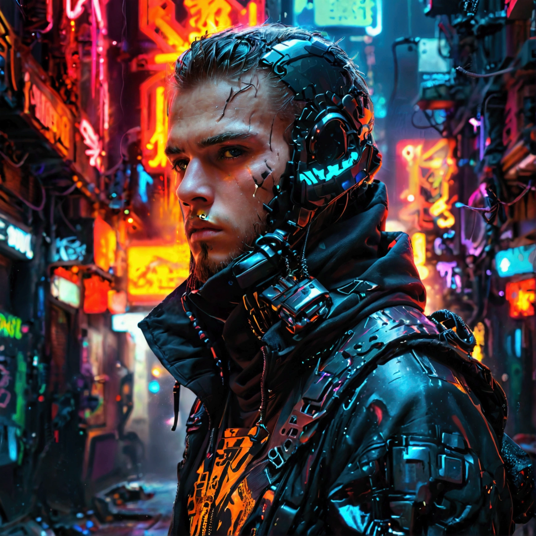 A photo shoot of a guy wearing a futuristic black hoodie with high neck cover, gargo military pockets and straps, unique urban black hoodie with futuristic military look. The photo shoot take place on a cyberpunk alley with dark atmosphere and futuristic neon signs. Photography, Photorealistic, realism, extreme detail, high quality graphics, ultra realistic, hyperrealism, high resolution, extreme quality, masterpiece, 4k hdr