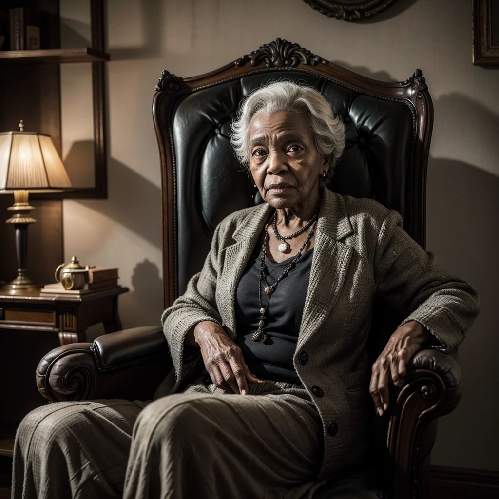 Elderly black woman sitting in armchair, holding cane, dark surroundings, antique decorations, 90 years old, frightful
