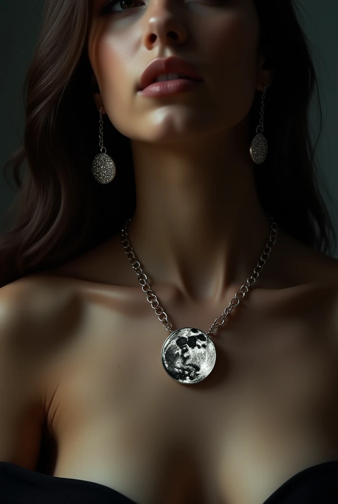 I want a photo of a dark-skinned woman but not that dark, a light tan but only showing the part of his neck and chest, of clothing that has a black neckline, You have to have some gold colored earrings and what will stand out will be your necklace, It has to be a giant full moon hanging around your neck, Her face doesn&#39;t have to be shown, only her neck and chest..