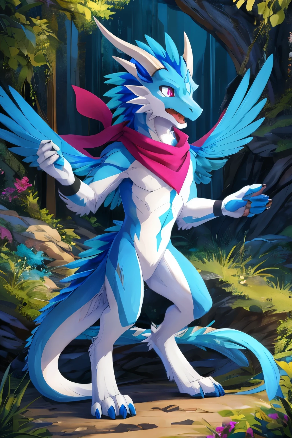 (anime), (front facing), (looking at its own hand in shock), slim furry white dragon looking at its hand surprised, surprised expression, blue secondary body color, (black, magenta and blue complimentary colors), spikes, very long muzzle, neck and tail fur, digitigrade, creative horns, feathers, dark gradient, (wearing only a scarf), body markings, nature background, full body