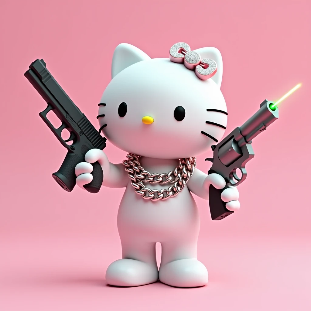 (Hello Kitty white) (3D format) (empty pink background) She has some diamond Cubans on her neck, In his left hand he has a black Glock. This Glock has a very powerful green laser., and in the other right hand he has a model 38 revolver, color gris (He is pointing the .38 revolver at the sky)