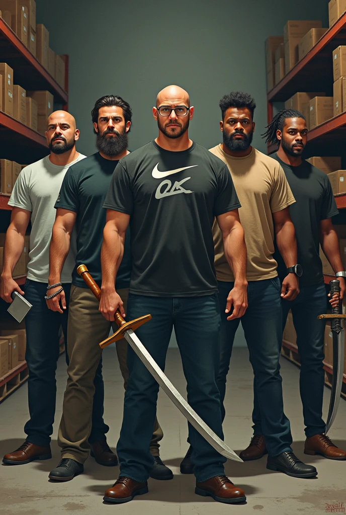 Four white men and one mulatto looking at the camera holding bladed weapons described below for each one , 1 bearded bald man with cleaver, second with hair, beard and glasses with a Nike shirt with a katana in his hand , third a tall bald white man without a beard with a viking body with a guts sword ,the fourth a chubby guy with hair and beard with a fishbone, fifth with tall and strong nudreds hair and with sword, in the background of the image shelves and stock boxes