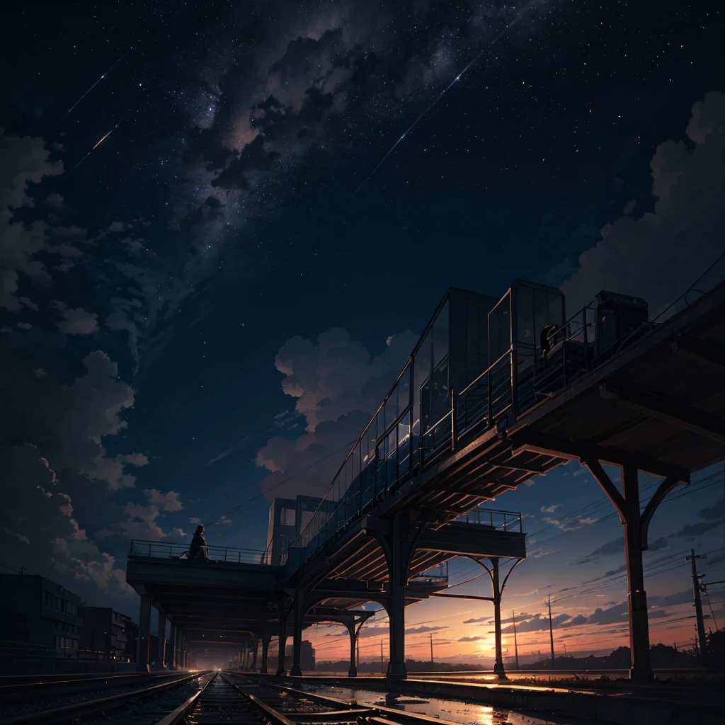 High quality masterpiece ，landscape，Animated train passing through water on the tracks， Shining starry sky。Romantic Train，get annoyed，Concept Art，Lofi Art style，Reflective plate。 by makoto shinkai, Lofi Art, Beautiful anime scene, アニメのlandscape, 詳細なlandscape —幅672, In the style of Makoto Shinkai, Makoto Shinkai&#39;style，Detail enhancement、Put a shooting star