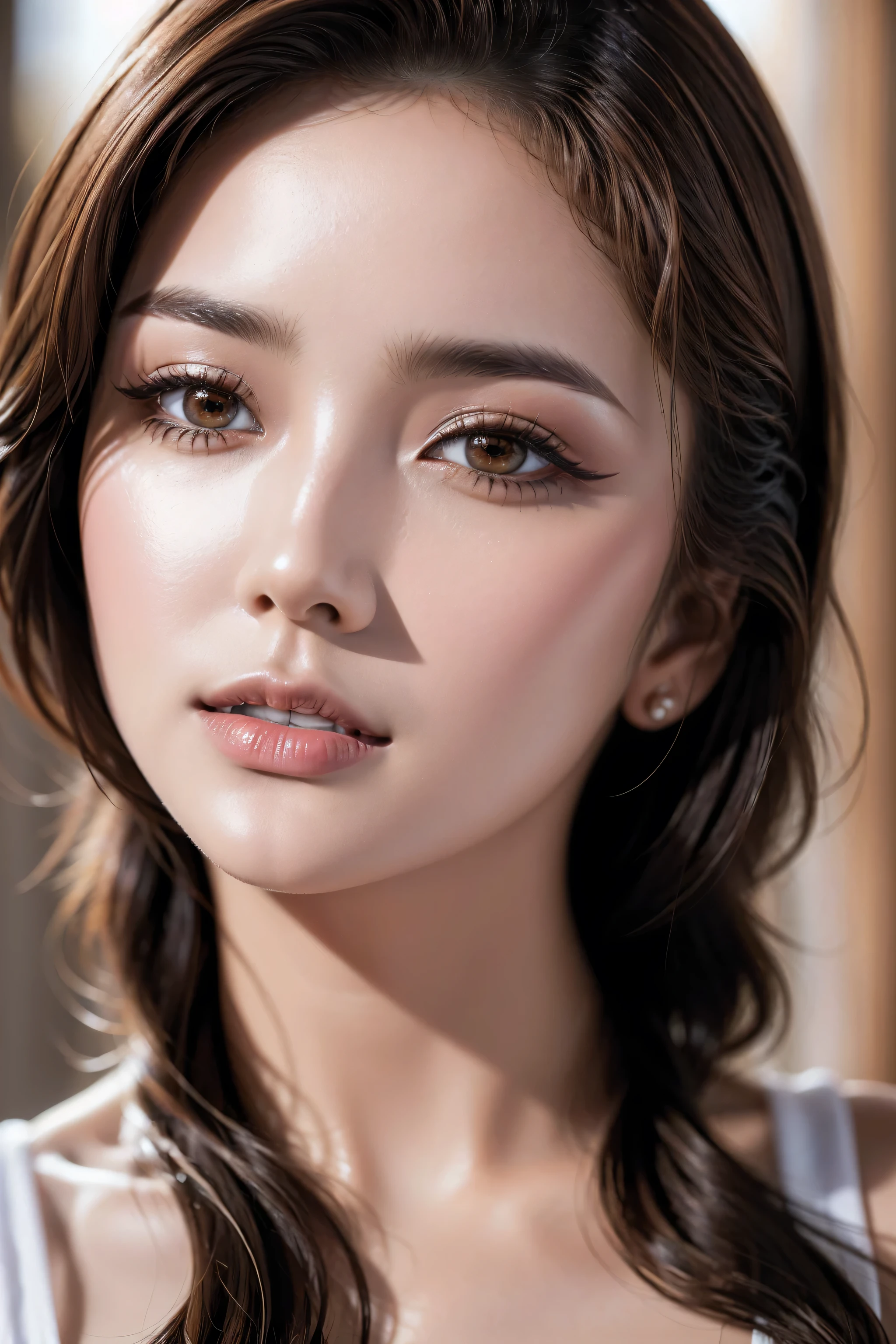 Realistic (photorealistic Realism,highres,masterpiece:1.2), ultra realistic details: velvety skin, symmetrical lips, light glossy red_lipstick, pupils, (best quality photography, professional photography:1.3), (glamour shot of girl:1.2), (professional lighting), (dramatic backlighting), looking at viewer, best photo pose, 1girl, detail skin texture, (brown hair:1.3), (depth of field), (simple background, indoor), (cowboy shot), light smile, sagging breasts, sharp jawline, (white tank top), (black leggings), (chromatic aberration), High quality texture, High quality shadow, extremely intricate detail, ((extremely delicate and beautiful)), [eyes:{((Hyper realistic details of realistic perfectly round brown_eyes:1.3) in hyper resolution detailed quality), ((Hyper realistic sharpness, sharp eyes, clarity is not blurred), eyes with high detail, eyes with excellent quality, precisely details in pupils), [eyes:vibrant]}], ((beautiful and aesthetic)), (korean mixed, gorgeous beautiful-1-women),