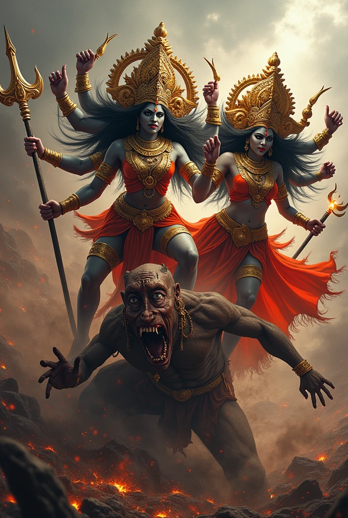 goddess durga and kali killing monster with evil man face  with powerful face expression shows hinduism 