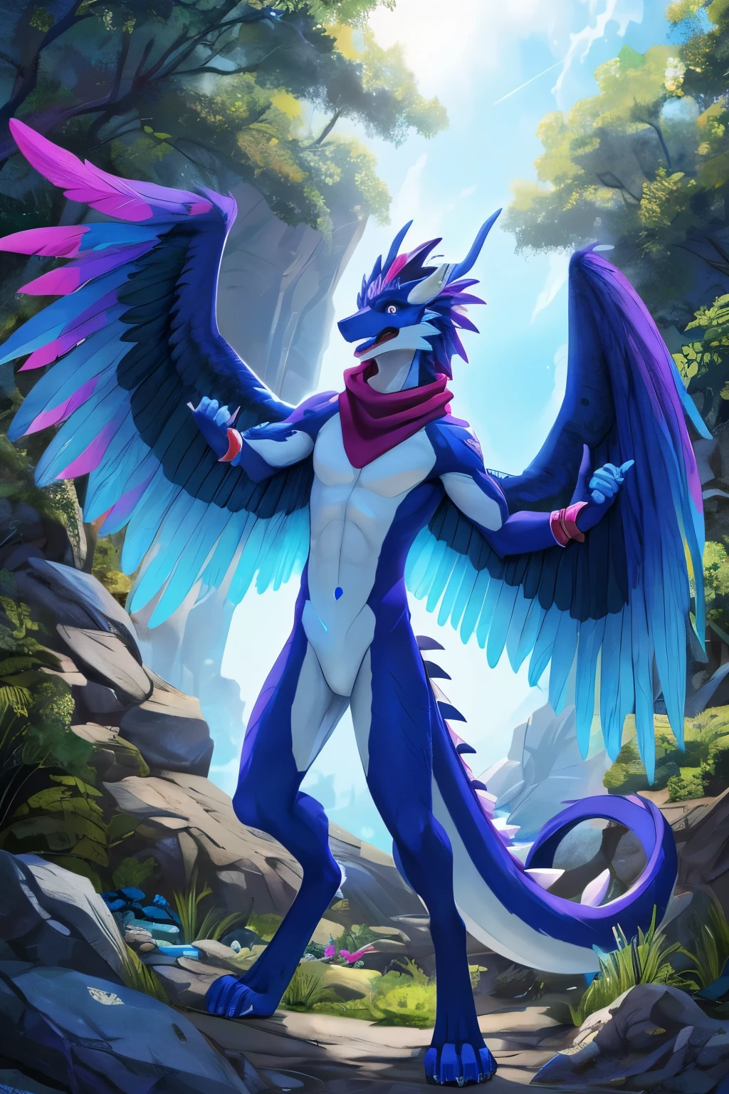 (anime), (front facing), (looking at its own hand in shock), slim furry white dragon looking at its hand surprised, surprised expression, blue secondary body color, (black, magenta and blue complimentary colors), spikes, very long muzzle, neck and tail fur, digitigrade, creative horns, feathers, dark gradient, (wearing only a scarf), body markings, nature background, full body