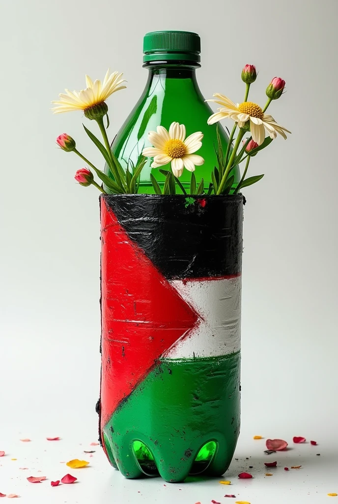 Palestine flag spray art on bottol plastic. The bottol plastic has been cut and diy to make it like flower pot.