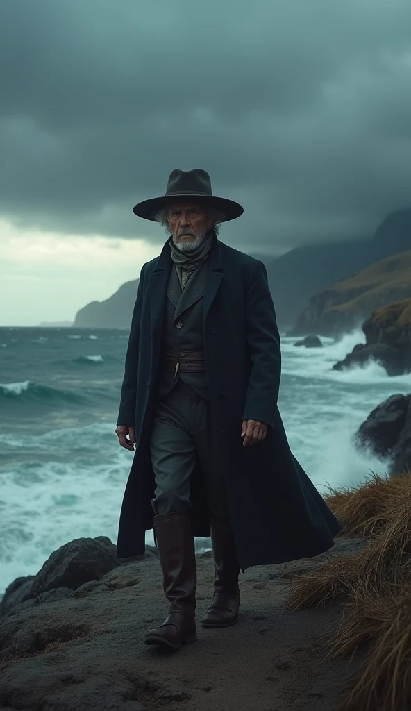 Napoleon Bonaparte in exile on Saint Helena, older and frail, walking along a rugged coastline, wearing a long coat and hat, distant view of the ocean with dark clouds overhead, a solitary figure reflecting on his past, hyper-realistic, photo realism, cinematography -- ar 9:16