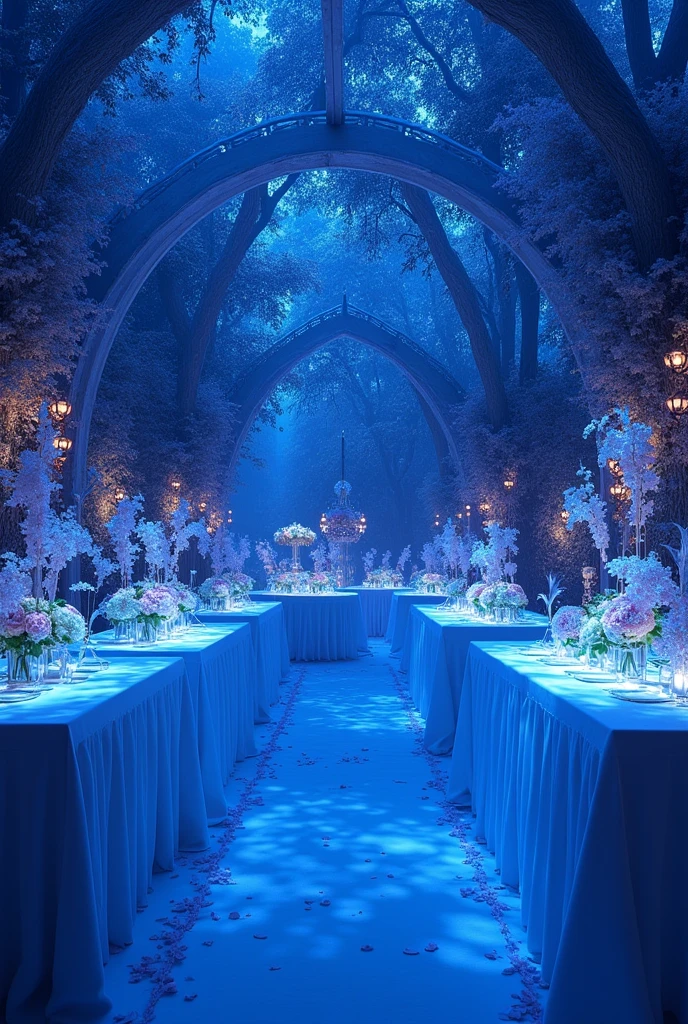 A room which is decorated with delirious arrangements that perfume the environment has a bluish lighting as if a tanzanite were crossed by the light and tables covered by white tablecloths and painted by the indigo reflection of the lights.