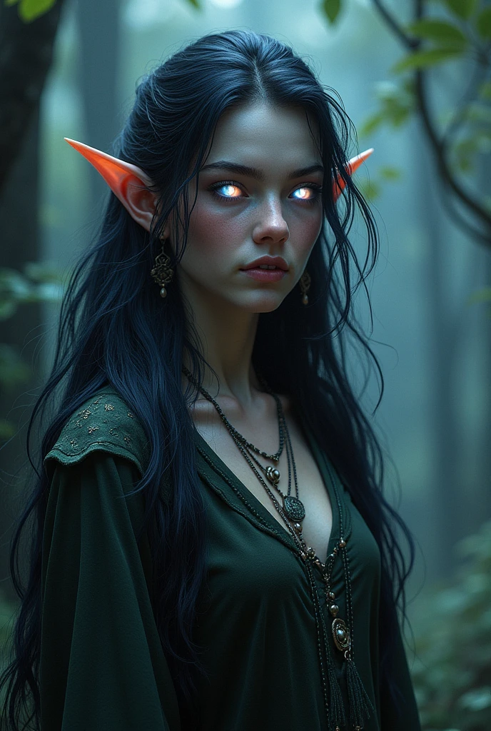 An elven hunter with silver eyes that reflect the light of the stars, long hair as black as night, pale skin with a slight ethereal glow.
semi realistic style