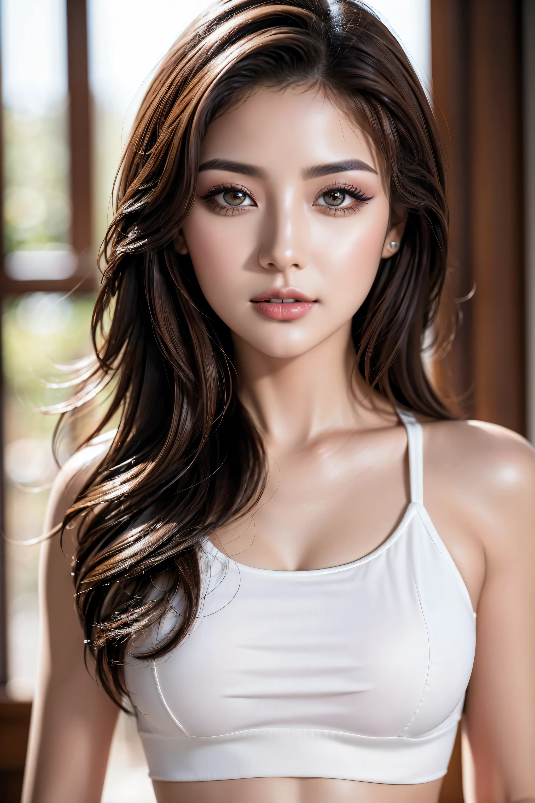 ((Best quality, 8k, Masterpiece :1.3)), Sharp focus :1.2, A pretty woman with perfect figure :1.4, Slender abs :1.2, ((Dark brown hair, Big breasts :1.2)), (Natural light, City street:1.1), Highly detailed face and skin texture, Detailed eyes, Double eyelid