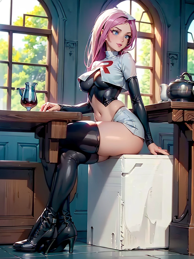 1 girl, on the other side of the longhouse, slicked back hair, blue eyes, Team Rocket ,Team Rocket uniform ,White skirt,crop top,thighs,elbow gloves, ((Session, crossed legs, legs focus, High heels, smile, in a house)), curvy figure, with city views, blush, sunrise

(((masterpiece))), ((very detailed character)), ((Perfect eyes)), ((perfect face)), ((Best Quality)), ((perfect hands)), High resolution, very detailed image, thighs gruesos ROMPER Hermoso fondo, volumetric lighting,