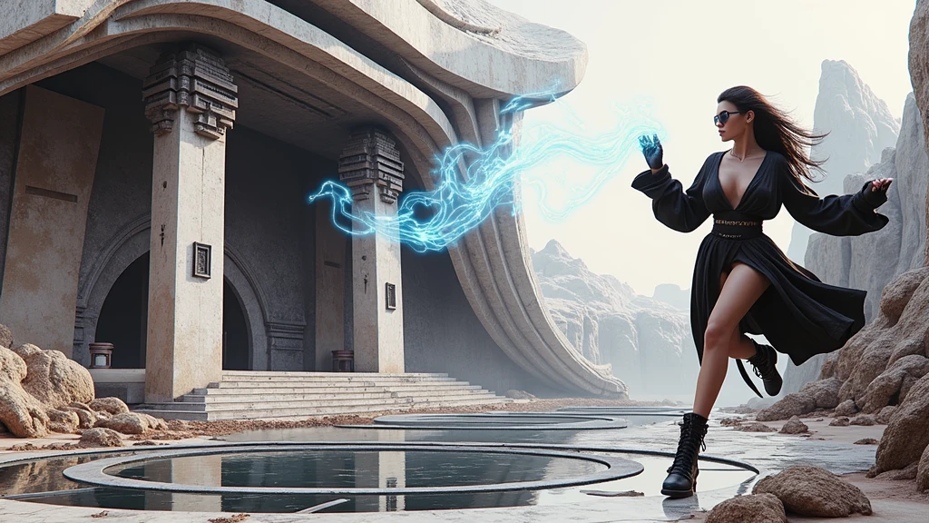 A young futuristic female sorcerer with a glowing floating small crystal stone, releasing mysterial spell and magical power, facing and defeating dark forces and beings. She stands with her right hand raised forward with a blue fire of light, at night, (1girl, solo, alone), photorealistic, large-breast slim:0.6 body, oval:0.5 face, cleavage:1.1, very low angle view of pleated miniskirt, deep-v, (upskirt), glove, (Matrix style black micro sunglasses), dynamic running pose, (half-body thigh level close-up shot), cinematic lighting, ray tracing, motion blur background.