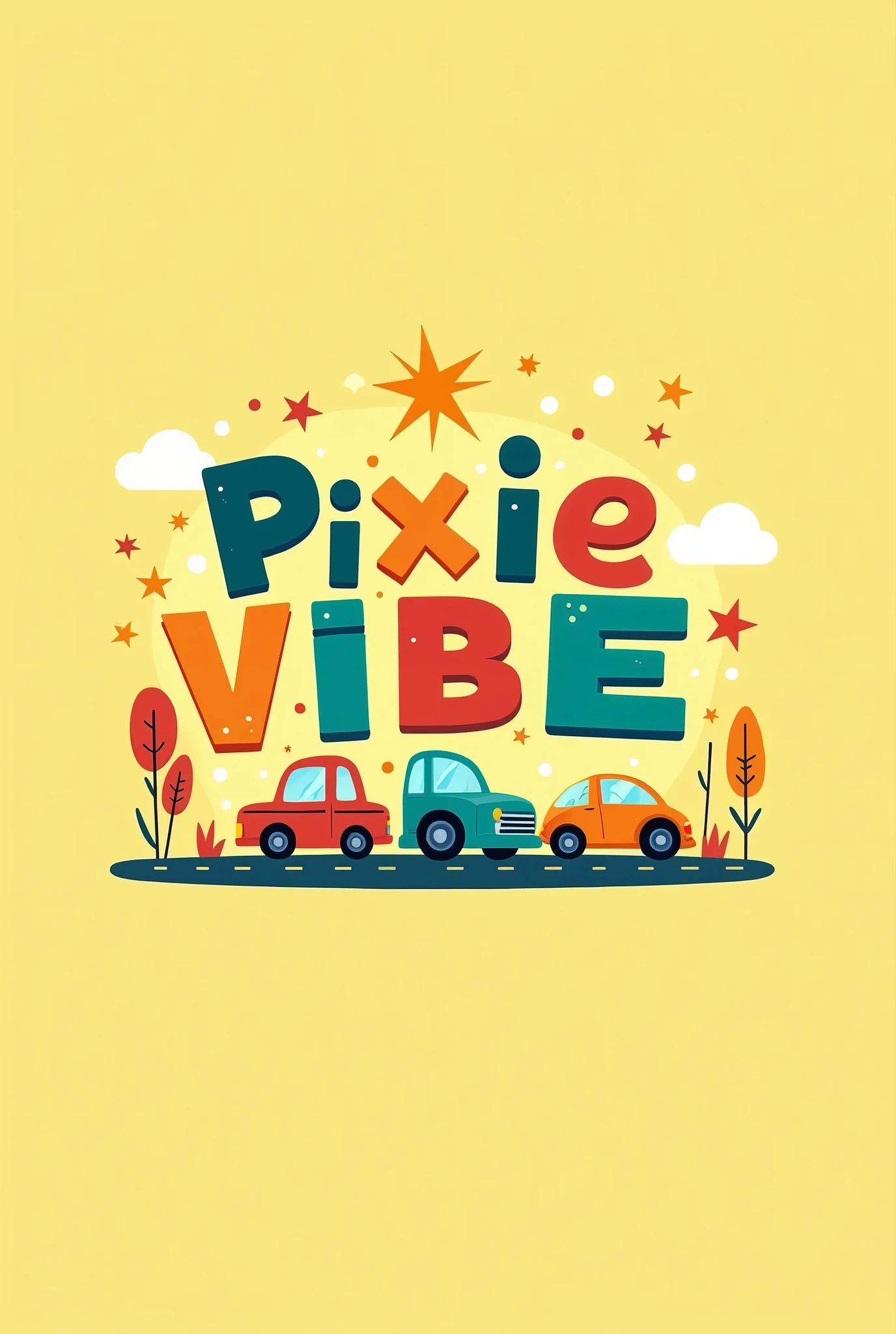 a brand logo,brand name:PixieVibe,for boys clothes,Different colored blocks make up PixieVibe,stars,cars,cute and playful