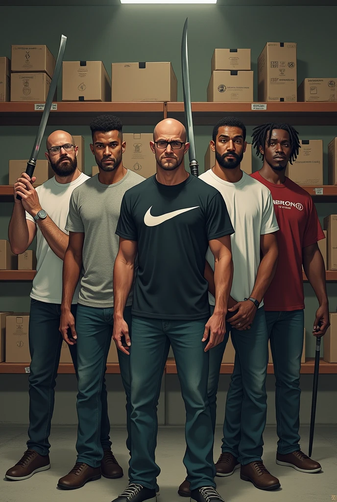 Four white men and one mulatto looking at the camera holding bladed weapons described below for each one , 1 bearded bald man with cleaver, second with hair, beard and glasses with a Nike shirt with a katana in his hand , third a tall bald white man without a beard with a viking body with a guts sword ,the fourth a chubby guy with hair and beard with a fishbone, fifth with tall and strong nudreds hair and with sword, in the background of the image shelves and stock boxes
