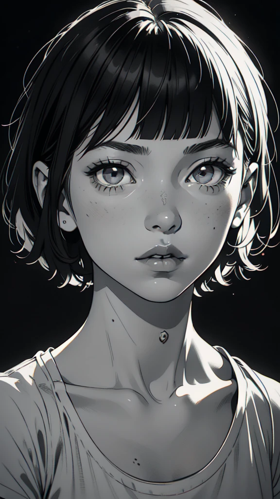 1 boyish girl, solo, sharp eyes, monochrome, greyscale, short black hair, portrait, white T-shirt, thin eyebrows, closed mouth, looking at viewer, graphite \(medium\), detailed lips, hatching \(texture\), without makeup, full bangs, upper body, (best illustration), (best quality), (very detailed), (masterpiece), expressionless,