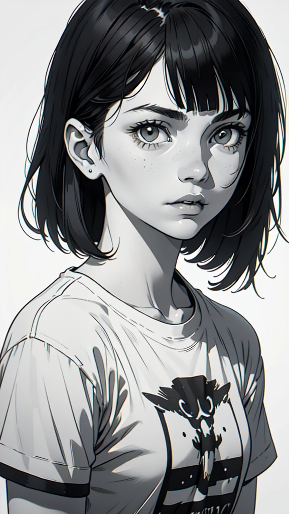1 boyish girl, solo, sharp eyes, monochrome, greyscale, short black hair, portrait, white T-shirt, thin eyebrows, closed mouth, looking at viewer, graphite \(medium\), detailed lips, hatching \(texture\), without makeup, full bangs, upper body, (best illustration), (best quality), (very detailed), (masterpiece), expressionless,