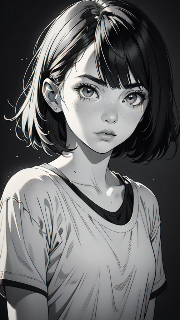 1 boyish girl, solo, sharp eyes, monochrome, greyscale, short black hair, portrait, white T-shirt, thin eyebrows, closed mouth, looking at viewer, graphite \(medium\), detailed lips, hatching \(texture\), without makeup, full bangs, upper body, (best illustration), (best quality), (very detailed), (masterpiece), expressionless,