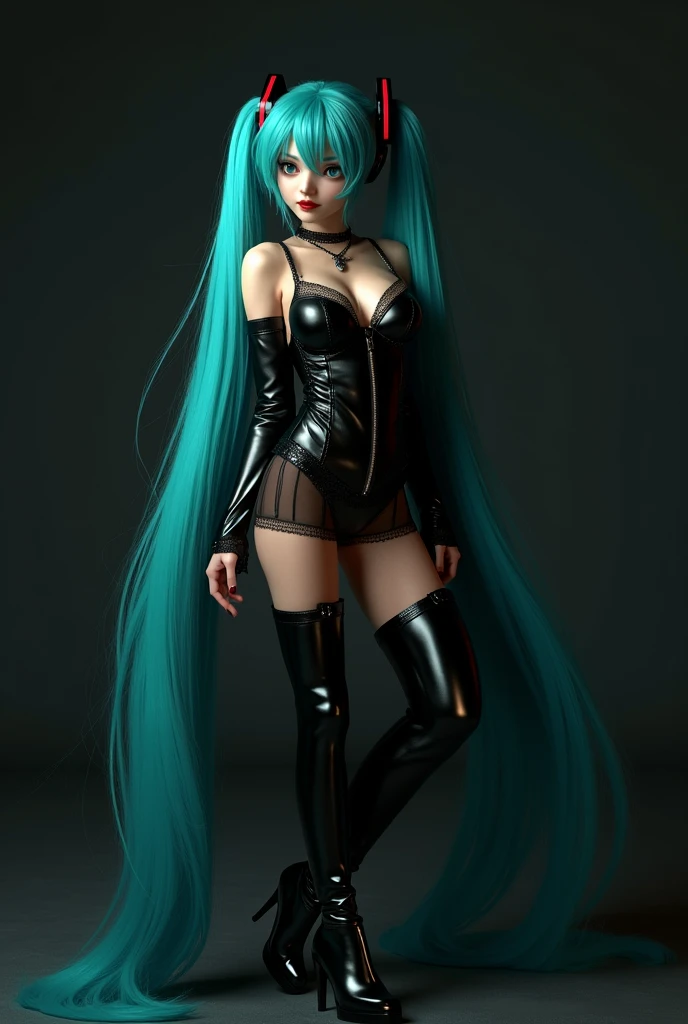 Hatsune Miku in a black outfit with thigh-high heeled boots and small breasts posing in a sexy manner