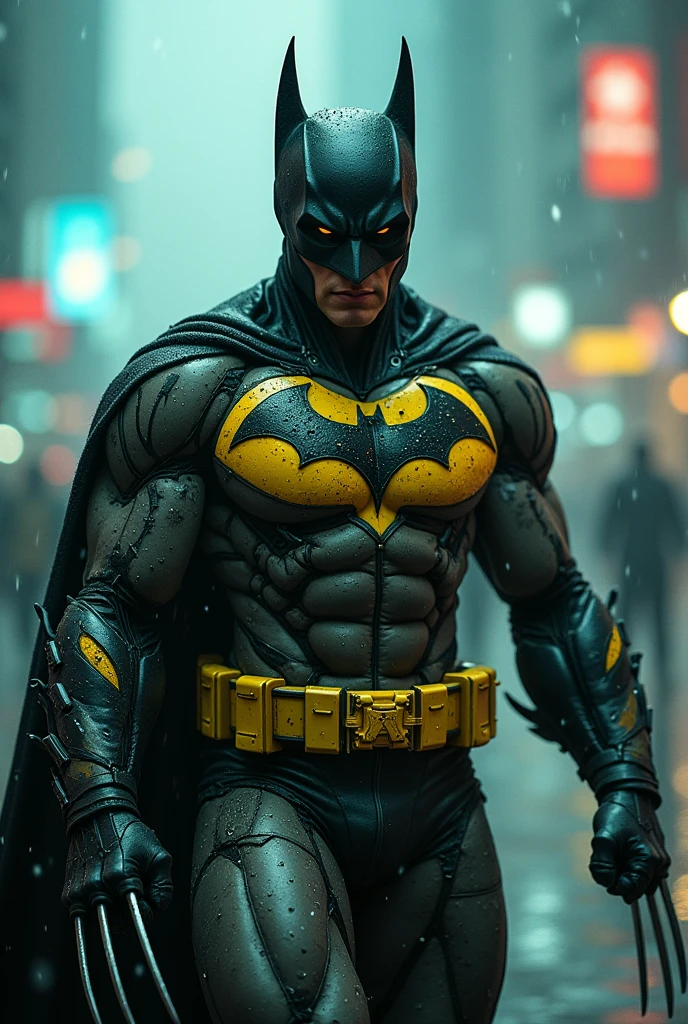 Rain, fragments, particles blender 
Actor asian Akira kaneda's batman mixed wolverine creepy monstrous scary as batman fusion wolverine Year 2099s from X-Men's filmed by ZackSnyder, wolverine dress traje semi rasgado , fighting against thugs X-men Full body , traje rasgado semi Pearl yellow black neon-infused psicodélic fragments splash Snowflakes X-shaped stripes raytracing  fashion Week , variant angles, captured with award-winning photography technique, cinematic, dark environment, bokeh, grainy, urban-xmen setting, blurry, IMAx, filmed with Kodak portrait 400, 200mm, f2.8, high resolution, teal filter.Adicione efeitos com chuva, e. Novas cores e trajes diferente em cenas imagens feita,  Batman Arkham fighting against thugs punching 