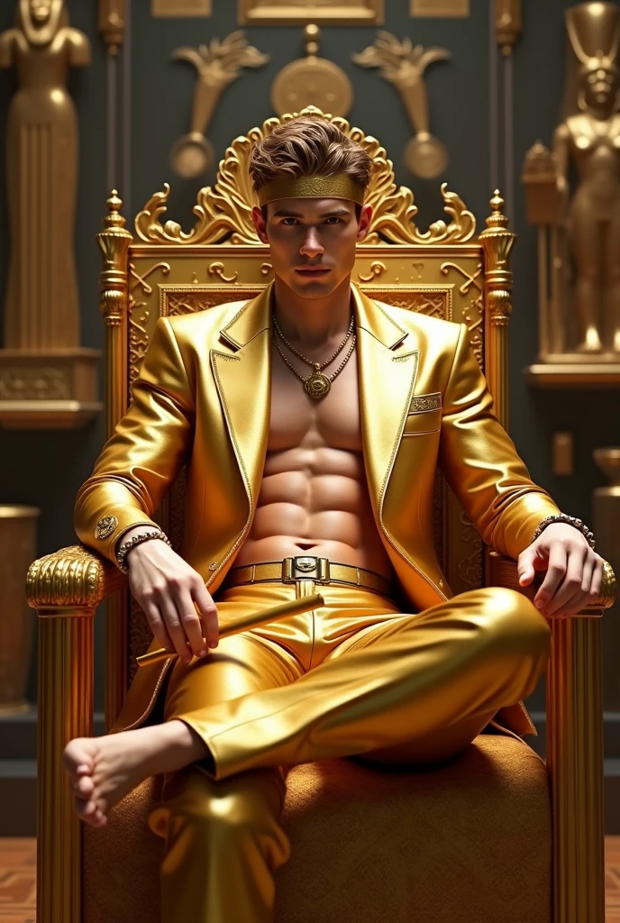 Handsome man, beautiful, white skin, thin, with golden pants and a golden suit on a golden chair with a baton of command without a shirt crossing his legs, sitting on a king&#39;s chair with a crown and around him there are displays of objects from some ancient Egyptian museum. 