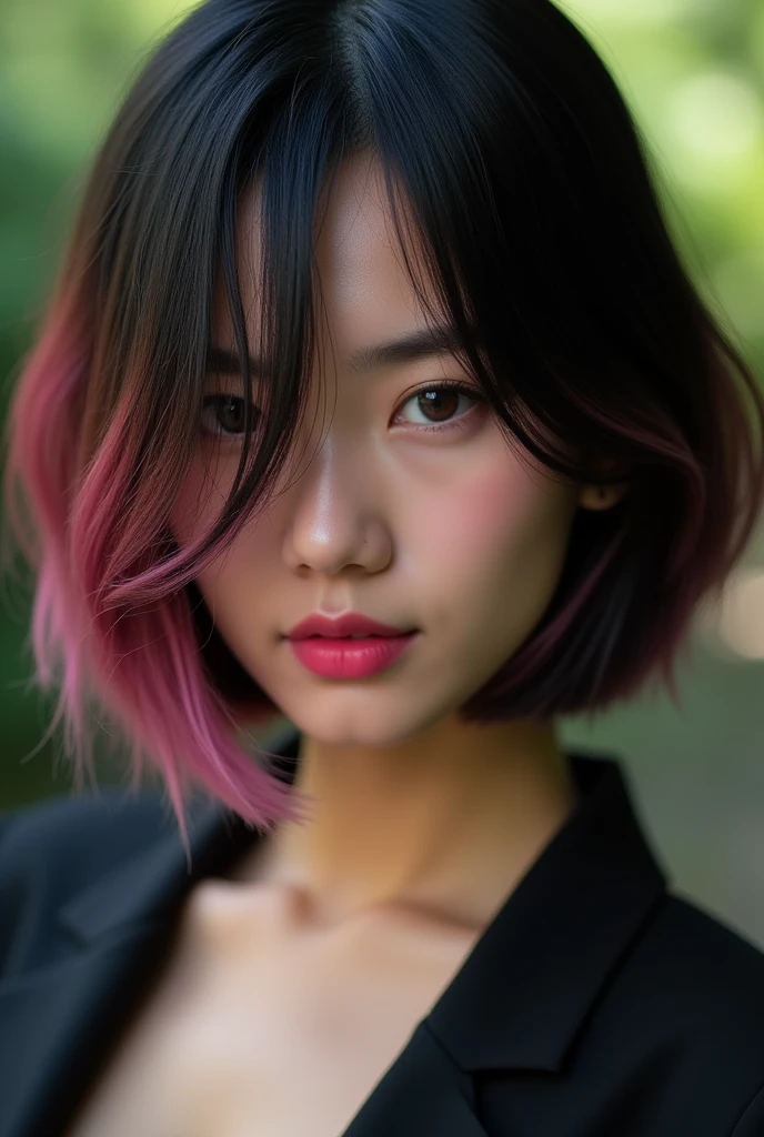 a closeup of Angelina jolie type of model with bob-cut straight black hair, with pink balayage highlights, the woman's face partially obscured in the style of her straight hair.The focus is on the rich color of her hairstyle, set against an out of focus background that suggests natural surroundings. Her lips have subtle pink lipstick, adding to the romantic atmosphere. she wears business attire . Shot in soft lighting, the photograph captures every detail of texture and shine within her beautiful locks. --ar 9:16 --v 6.1