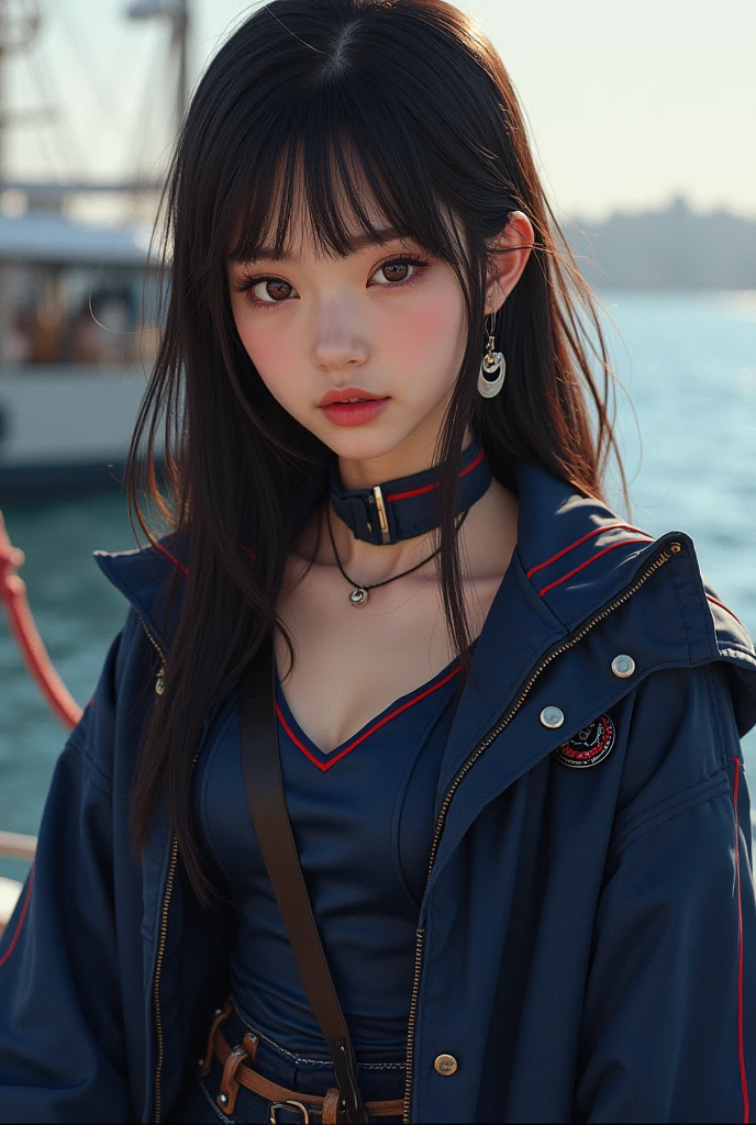 Make a picture of a girl with dark brown straight hair, light brown eyes, Full and pink lips, with a navy blue diver with red stripes and a navy blue jacket with red stripes and white sneakers