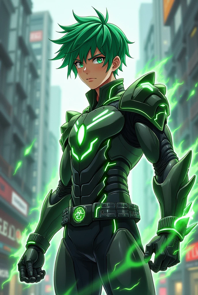 A young man with green hair and freckles, wearing a hero costume with a mask, heroic pose, detailed facial features, dramatic lighting, mecha-like suit, dynamic action, cinematic composition, digital art, highly detailed, vibrant colors, dramatic lighting, anime style, intricate design, energy effects, muscular build, determined expression