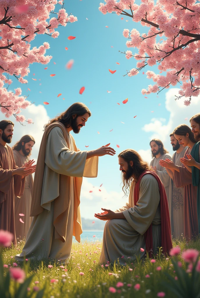 Jesus Christ touching the head of a kneeling person while several people around pray in an open field full of flowers and the cherry trees swaying, dropping petals and the blue sky with light clouds in a very realistic and cinematic scene