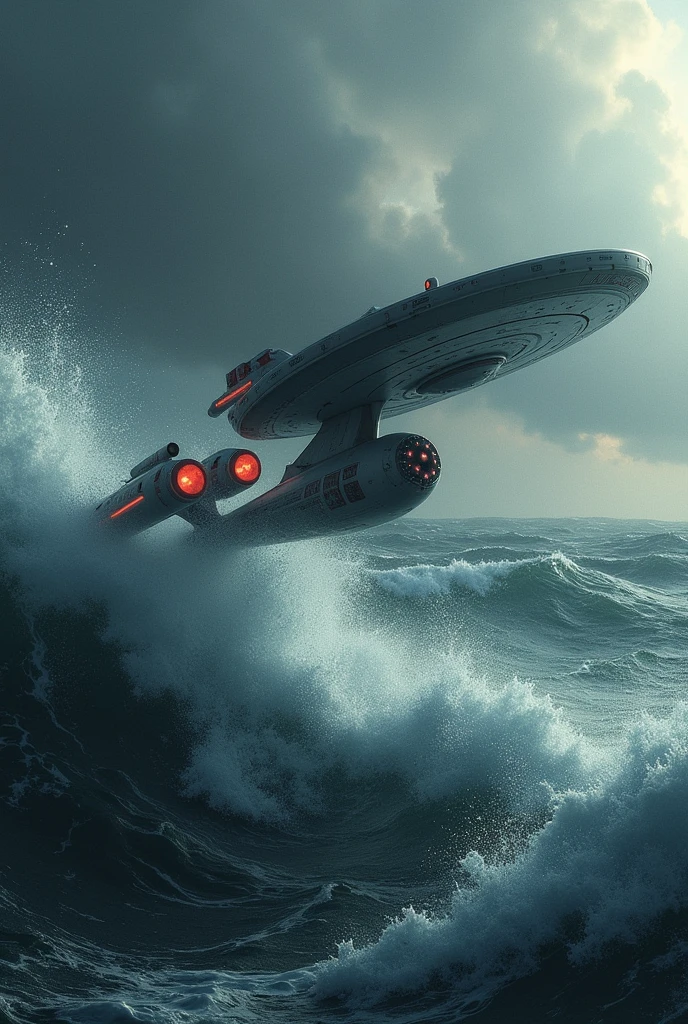 The USS Enterprises is falling into the sea.