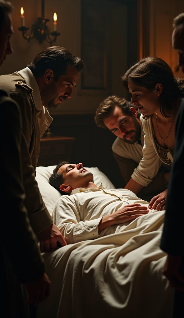 Napoleon Bonaparte on his deathbed in 1821, surrounded by a few loyal followers, dimly lit room, wearing a simple white shirt, somber expressions on the faces of those around him, candlelight flickering in the background, hyper-realistic, photo realism, cinematography -- ar 9:16