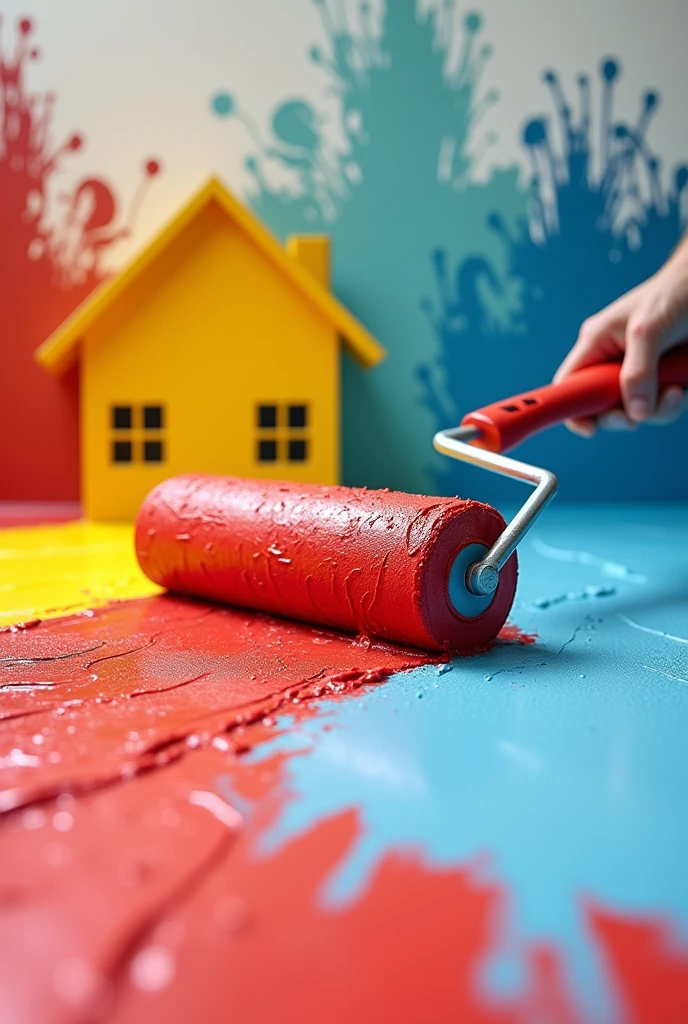 A large, high- quality image of a paint roller in action, with a splash of vivid paint colors emerging from it. Optionally, include a house partially painted in a fresh, modern color scheme to visually represent the service.