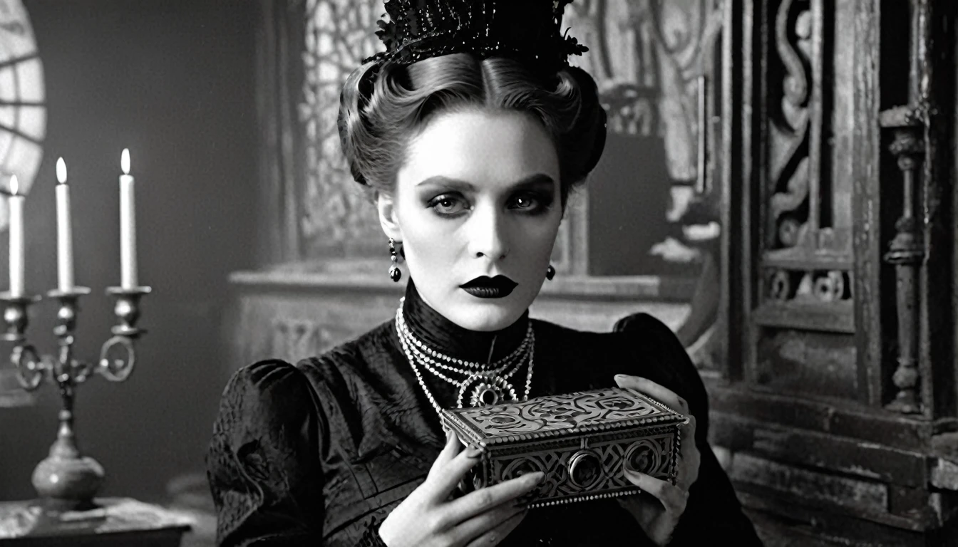 A ((very old photograph in monochrome)) surreal, Victorian-era style image featuring a figure with pale skin and striking facial features, including high cheekbones and dark, dramatic makeup. who is dressed in black Victorian-era clothing, adorned with small metallic chains and pins on the head. He is holding on tight a multidimensional puzzle box in both hands at chest level. The puzzle box is composed of several compartments, each adorned with intricate carvings of circular faces and geometric symbols. The setting is a ruined, desolate and misty city with strange structures, altered reality, another dimension, adding to the creepy and frightening atmosphere of the scene., photorealistic, early science fiction, Intricate Details, from the film Hellraiser, inspired by Fritz Lang's Hellraiser, Directed by F. W. Murnau. Retro-horror, 1880s, Old sci-fi film, ((motion picture film)), Ultra detailed, Chiascuro, Intricate, Sharp focus, Studio photography, Highly detailed, Photorealistic style, Hyperrealistic, High dynamic range, B&W, Realistic textures, 8K UHD, Nikon D 850, Kodak Portra 400, Fujifilm XT, 3D rendering.