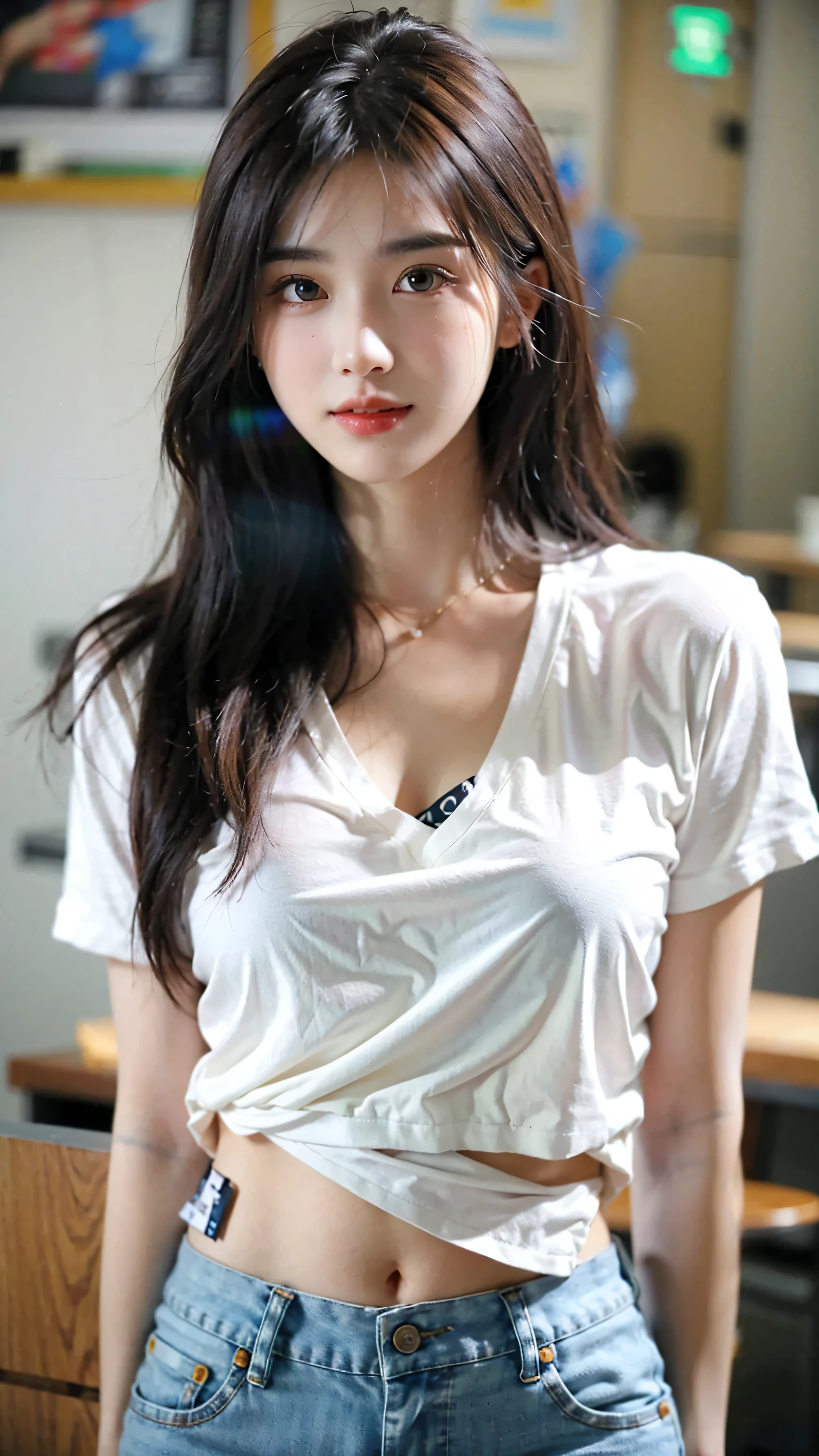 (8k, RAW Photo, Best Quality, Masterpiece:1.2), table top, Ultra Detail, Super Resolution, (Realistic, Realistic Photo:1.37), Portrait, High Detail RAW Color Photo, Professional Photo, Extremely Detailed and Beautiful, Extremely detailed, 8k wallpaper, amazing and detailed, huge file size, official art, highly detailed CG unity 8k wallpaper, highly detailed beautiful girl, highly detailed face, highly detailed eyes, highly detailed skin, highly detailed fingers, highly detailed nose, very detailed detailed mouth , perfect anatomy, highly detailed background, highly detailed clothes, 1girl, 1 girl, cute girl, realistic body, fair skin, glowing skin , slim body, handsome body, black hair , semilong hair, (blunt bangs:1.2), smile, cute, youthful, cute face, realistic face, delicate eyes, drooping eyes, looking at viewer, facing front, standing posture, Contraposto,  (medium chest), (Perfect Body Proportions), (slender Body Proportions), super sexy pose, (white shirt), (jeans pants), (authentic bar), 