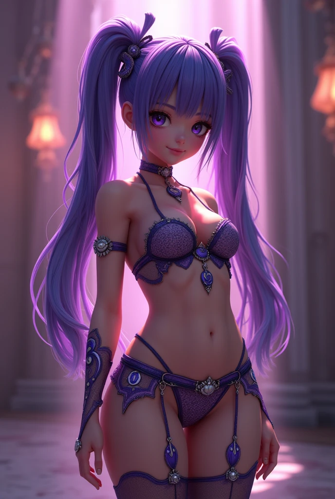 Teen girl, twintail, crop top, violet hair, belly dancer outfit violet and white color, sexy belly, sexy ass, f cup, 3d anime face, front, ziyan battle through the heavens