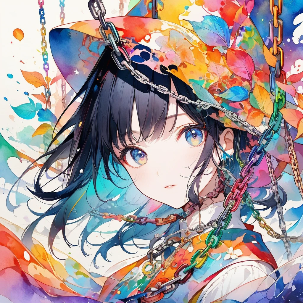Chain-themed art, Apply paint to the chain,Then nail it on the canvas, Aesthetic color created by colorful chain shapes, Meaningless illustrations, Exquisite balance and harmony of colors, Mysterious watercolor style, Transparent as glass, Simple beauty... A world that leaves audiences speechless...