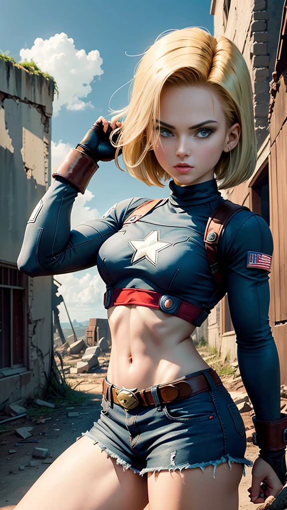 Android 18 Female version of Captain America background mechanical ruins, segurando o escudo do captain america