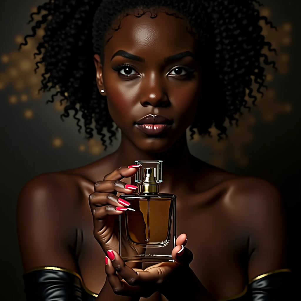 A photorealistic portrait of a beautiful ebony-skinned woman in a professional photography studio. She has a concentrated and passionate expression, holding a camera firmly as she carefully focuses on an elegant crystal perfume bottle. The lighting is soft and diffused, with a minimalist background to emphasize the subject and the product. The perfume bottle has a sophisticated design, with balanced reflections and shadows enhancing its elegance. The woman is wearing tasteful jewelry that complements her refined appearance. The image is rendered in 8k quality, with vivid colors and a high level of detail, showcasing professional studio lighting and physically-based rendering to create a realistic, high-quality product photography scene."