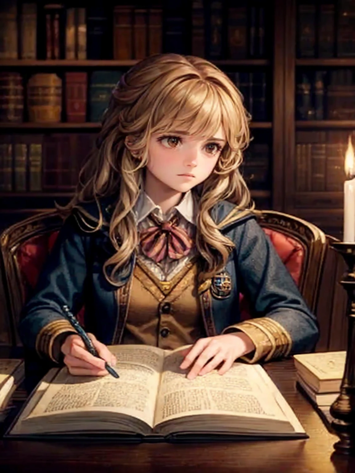 A detailed scene of Hermione Granger in a magical library, surrounded by old books and wands, with soft candlelight illuminating the surroundings. She wears her Hogwarts uniform and has a serious, focused expression