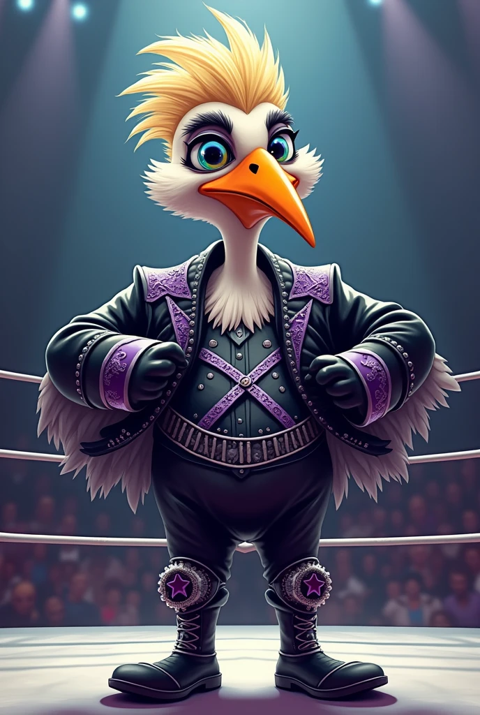 cartoon stork dressed like WWE wrestler stardust.
Cartoon stork head. Cartoon stork face. Cartoon stork hands.
Short blonde hair
Silver paint on face with black star highlight.
Black full bodysuit ordained with silver and purple accents. Black wrestling boots.
Standing in a wrestling ring.