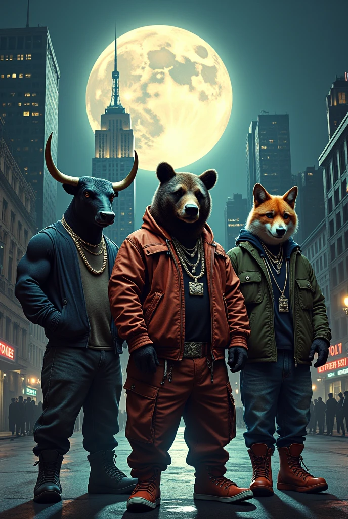 FULL MOON PHOTO IN NEW YORK FOUR ANIMALS :A TALL BULL, A FAT BEAR, A THIN FOX AND A MUSCULAR SHARK WITH A HOOD  .ALL DRESSED LIKE RAPPERS WITH JEWELS AND THE WORD OGDMC PLAYING IN THE BACKGROUND
