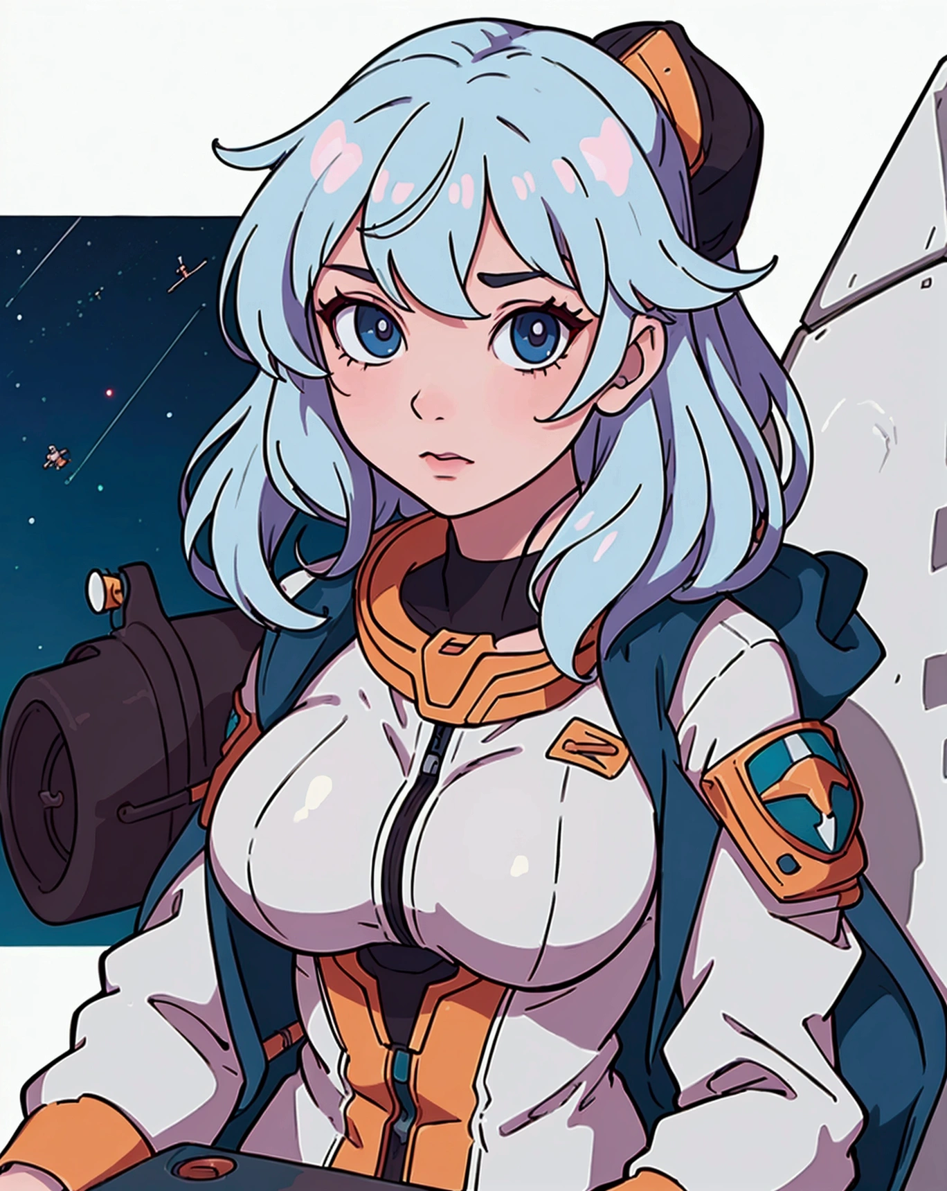 very big tits ((masterpiece, The best quality)), illustration, 8K ultra detailed, realist, clear focus, Very detailed, Professional lighting, Colorful details, a close up of a woman sitting in a cockpit of a plane, gainax anime style, ferra white mecha, portrait anime space cadet girl, style of macross, on a gundam, modern sci-fi anime, anime girl of the future, sci-fi anime, sci - fi pilot, sil from species, sci fi anime, gainax