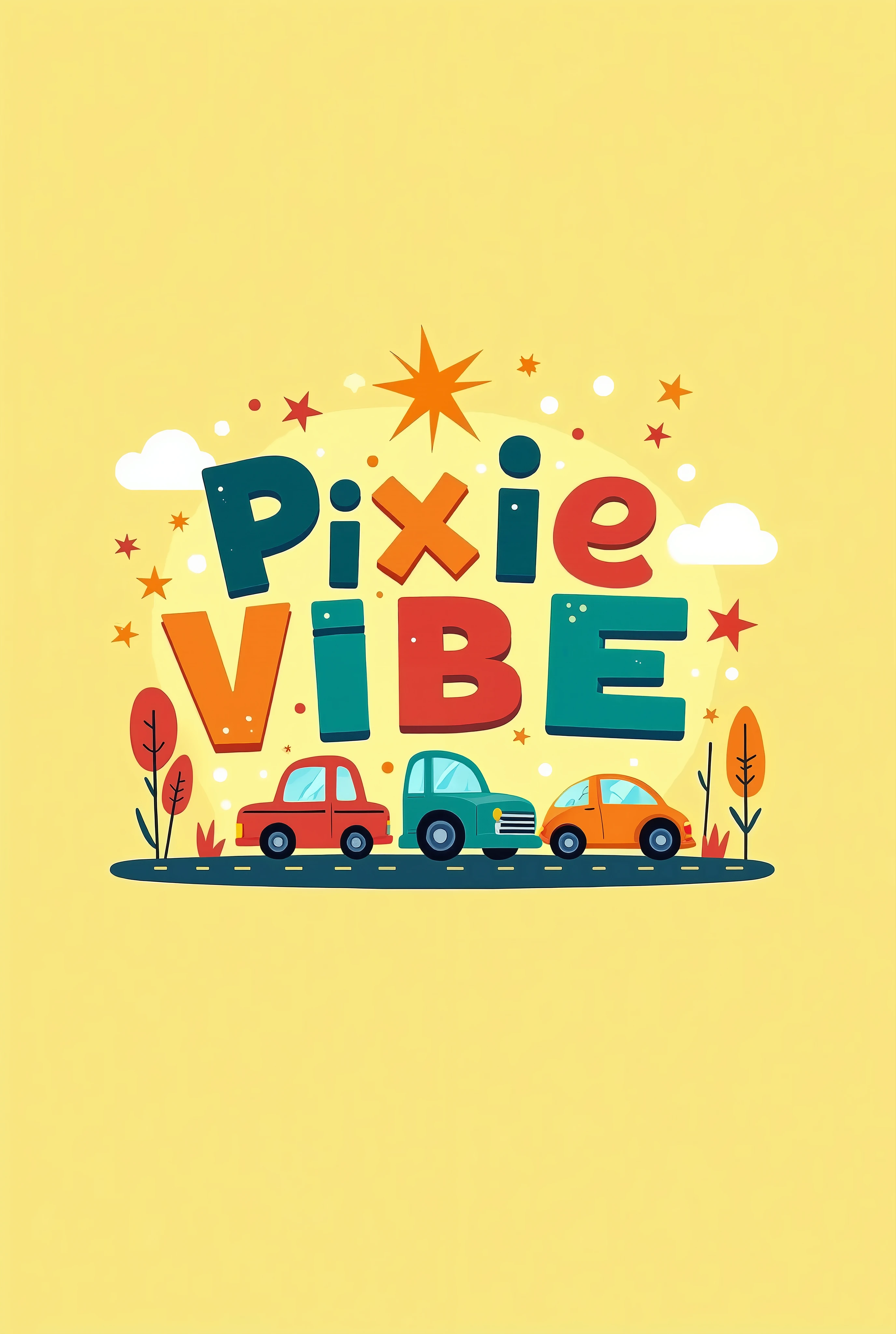 a brand logo,brand name:PixieVibe,for  boys clothes,Different colored blocks make up PixieVibe,stars,cars,cute and playful