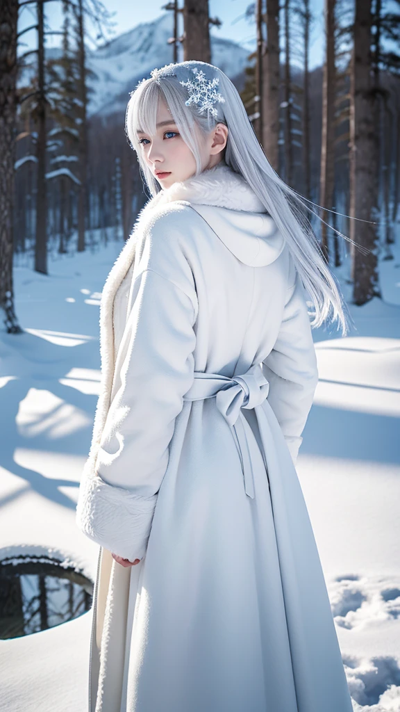 **Prompt:** Create an ultra-realistic 8K resolution image of Yuki-onna, the mythical snow spirit from Japanese folklore, reimagined as the ultimate foreign beauty while retaining her iconic features. Yuki-onna is depicted with strikingly pale, porcelain-like skin that reflects the cold, ethereal beauty of snow. Her long, flowing platinum blonde hair cascades down her back, reminiscent of snow-covered mountains, and contrasts beautifully with her piercing, icy blue eyes that hold a mysterious, almost otherworldly gaze.
She is dressed in a modern, yet elegant winter ensemble that blends her traditional roots with contemporary fashion. A flowing white coat, adorned with subtle snowflake patterns, drapes gracefully over her figure, with a fur-lined collar adding a touch of warmth and luxury. The outfit is completed with tall, white boots that leave delicate footprints in the snow beneath her.
Her expression is calm and serene, yet there is a sense of distance and coldness that hints at her mythical origins. The background features a snow-covered European landscape, with tall, ancient pine trees and a serene, frozen lake reflecting the pale winter sun. The entire scene is bathed in a soft, diffused light that enhances the mystical atmosphere, blending the timeless allure of Yuki-onna with the striking beauty of a foreign setting, creating a figure that is both captivating and enchanting.