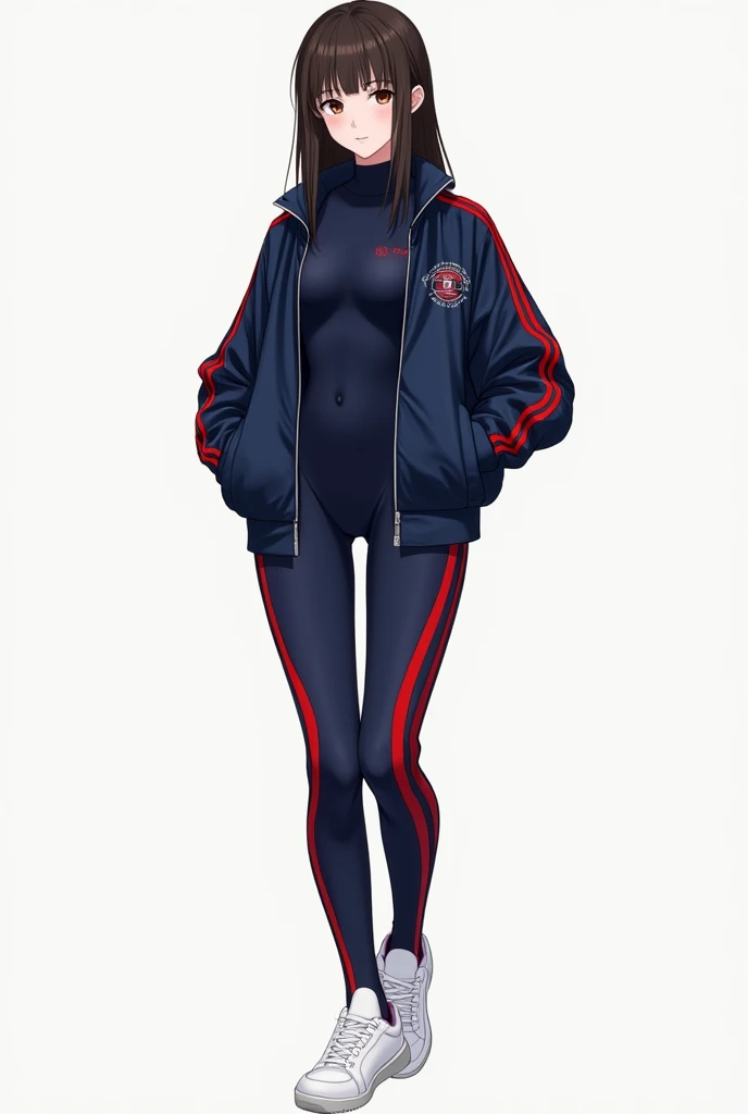 Make a picture of a girl with dark brown straight hair, light brown eyes, with a navy blue diver with red stripes and a navy blue jacket with red stripes and white sneakers