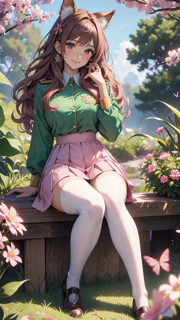 (best quality,4k,8k,highres,masterpiece:1.2),ultra-detailed,(realistic,photorealistic,photo-realistic:1.37),acrylic painting,beautiful Brazilian model in a uniform outfit with downy hair,beautiful Brazilian model with extremely colorful brown hair and detailed facial features,beautiful Brazilian model standing in a beautiful garden sakura flowers, long hair,cat ears, hair bows, uniform pink and green outfits, smile, happy face, brown pink hair,butterflies, sitting down, brown eyes, mature woman, older woman