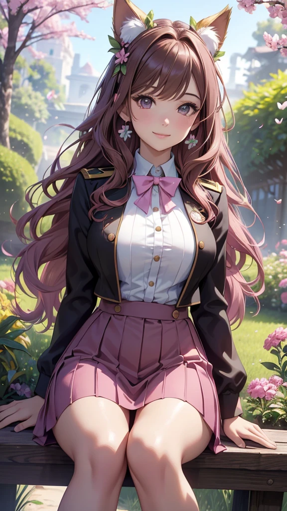 (best quality,4k,8k,highres,masterpiece:1.2),ultra-detailed,(realistic,photorealistic,photo-realistic:1.37),acrylic painting,beautiful Brazilian model in a uniform outfit with downy hair,beautiful Brazilian model with extremely colorful brown hair and detailed facial features,beautiful Brazilian model standing in a beautiful garden sakura flowers, long hair,cat ears, hair bows, uniform pink and green outfits, smile, happy face, brown pink hair,butterflies, sitting down, brown eyes, mature woman, older woman