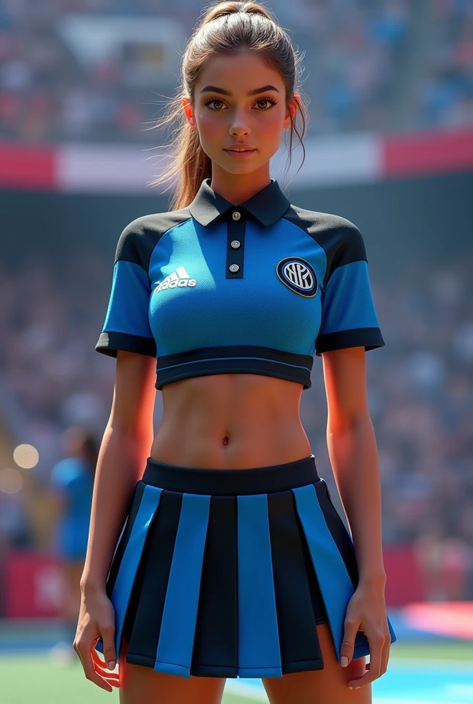 Make a girl in a cheerleading uniform, Your uniform should be designed like the Inter Milan training team uniform for the year 2021, The girl must wear a skirt with six straight planks that are black on the inside of the board and blue on the outside of the board., that the girl is not holding her skirt so that the skirt can be appreciated properly, and the shirt must be a polo